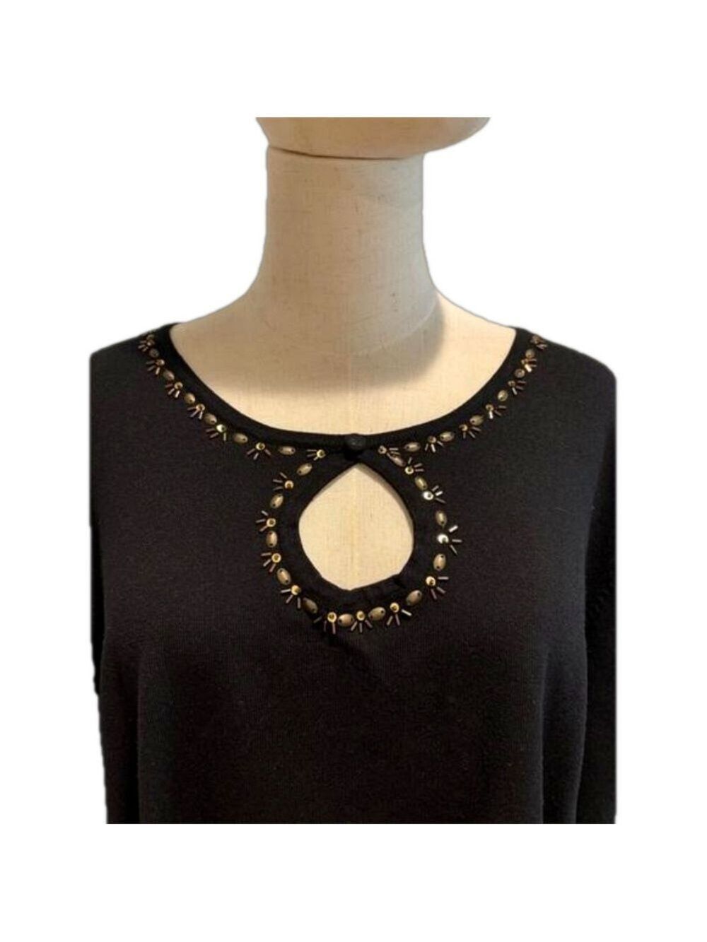 90s CABLE & GAUGE SILK BLEND BLACK JEWELED & SEQUINS SCOOP NECKLINE &  CUFFS 2X - Picture 7 of 8